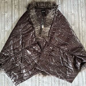 NIC+ZOE Women's Dark Brown Puffer Poncho with Faux Fur Trim NWT